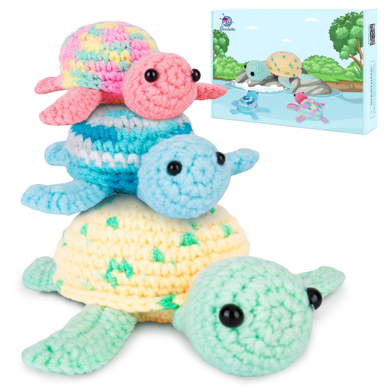 Crochet Kit for Beginners, Beginner Crochet Kit for Adults with Step-by-Step Video Tutorials, DIY Crochet Animal Kits Knitting Supplies, 3 Pack Turtle (40%+ Yarn)